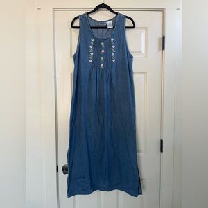 Vintage 90s Erika & Co. Embroidered Floral Denim Sleeveless Dress Size L